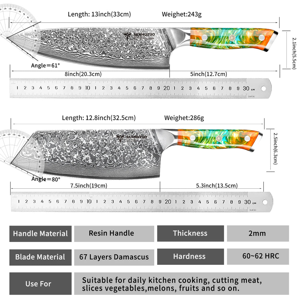 SANMUZUO 2PCS Kitchen Knife Set - Xuan Series - VG10 Damascus Steel Chef Knife & Nakiri Knife, Best Gift for Chef - Resin Handle