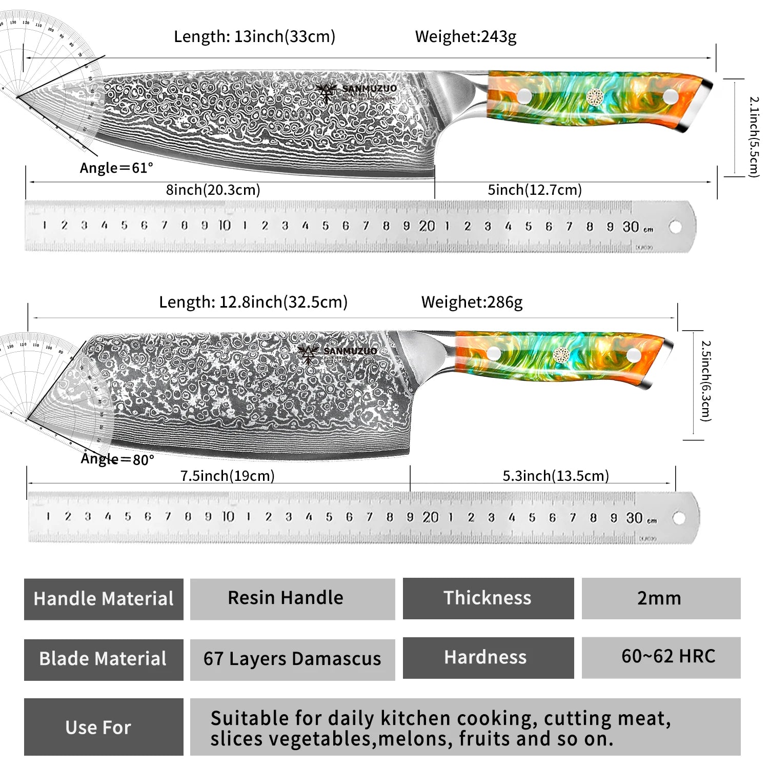SANMUZUO 2PCS Kitchen Knife Set - Xuan Series - VG10 Damascus Steel Chef Knife & Nakiri Knife, Best Gift for Chef - Resin Handle