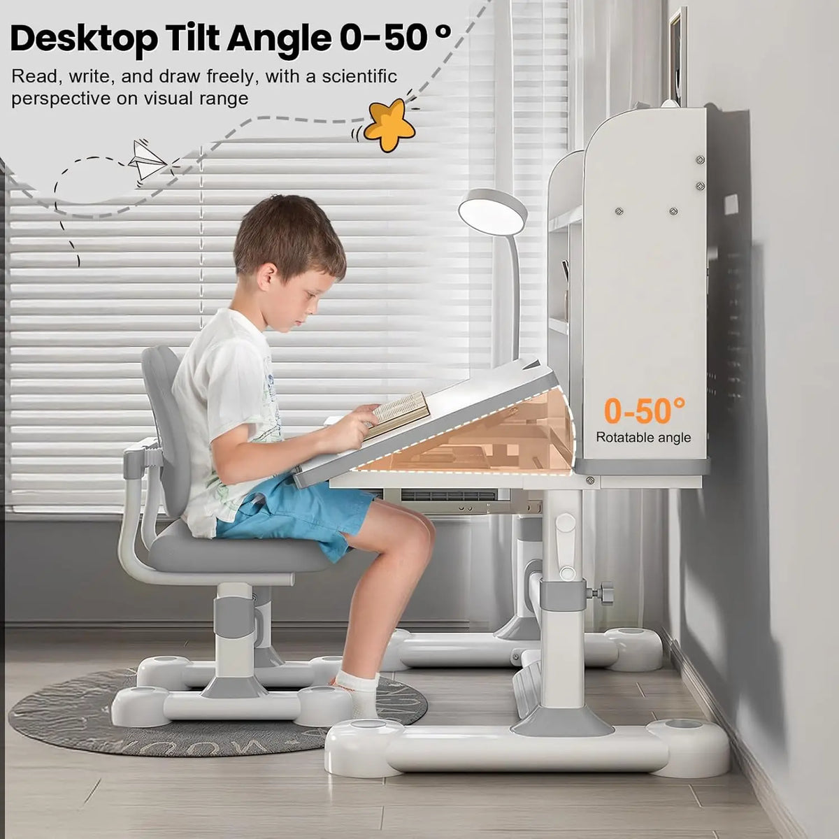 Height Adjustable Desk and Chair Set for Kids, Ergonomic Learning Desk with Tiltable Desktop Hand Crank Children's Study Table w