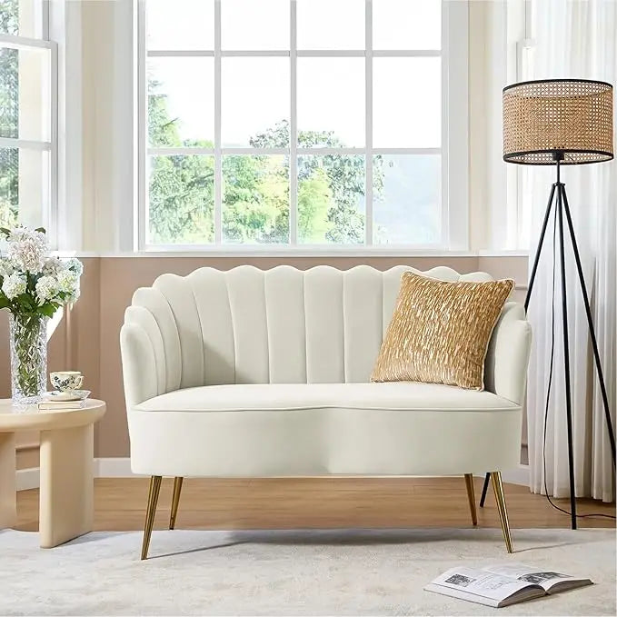 Modern Velvet Loveseat Sofa with Flower Shaped Back, Comfy Upholstered 2-Seater Sofa with Gold Metal Legs, Small Love Seat Acce