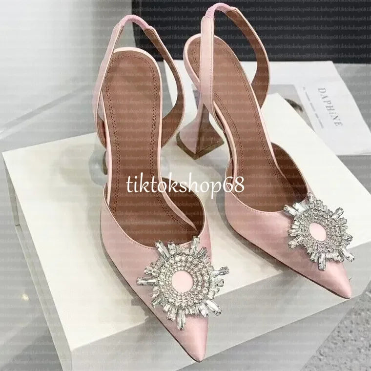 Amina muadii heels designer sandals womens wedding dress shoes satin pointed slingbacks bowtie pumps crystal sunflower flower hi