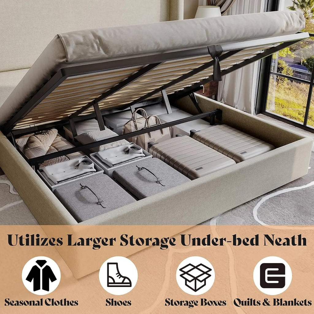 Lift Up Storage Bed King Upholstered Platform Frame Hydraulic Wingback Headboard No Box Spring Khaki, Customized