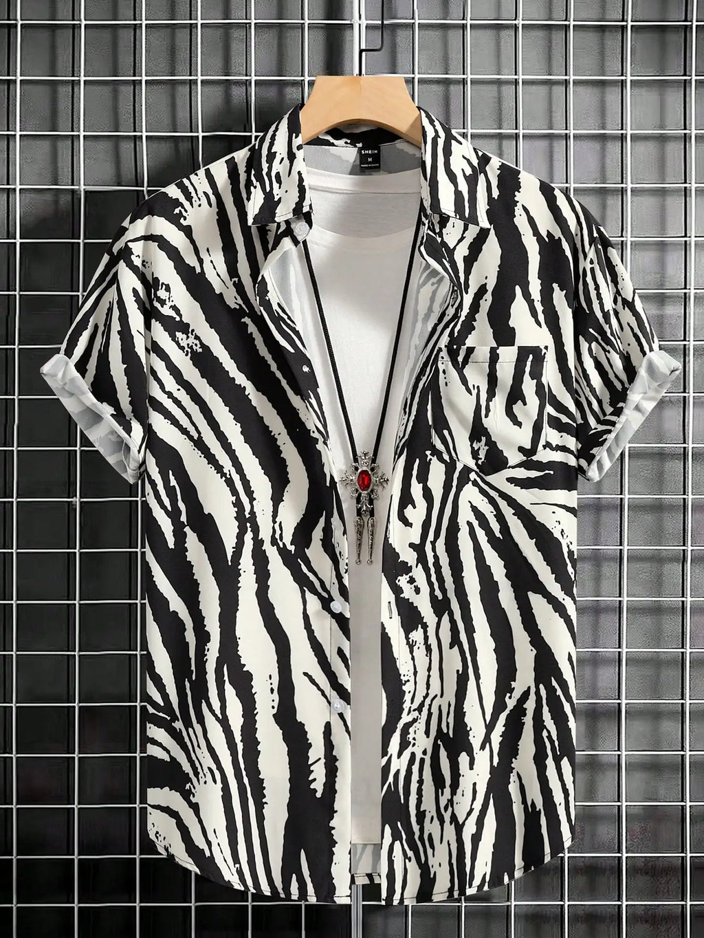 Men's Casual Short Sleeve Shirt with Bold Zebra Print Pattern