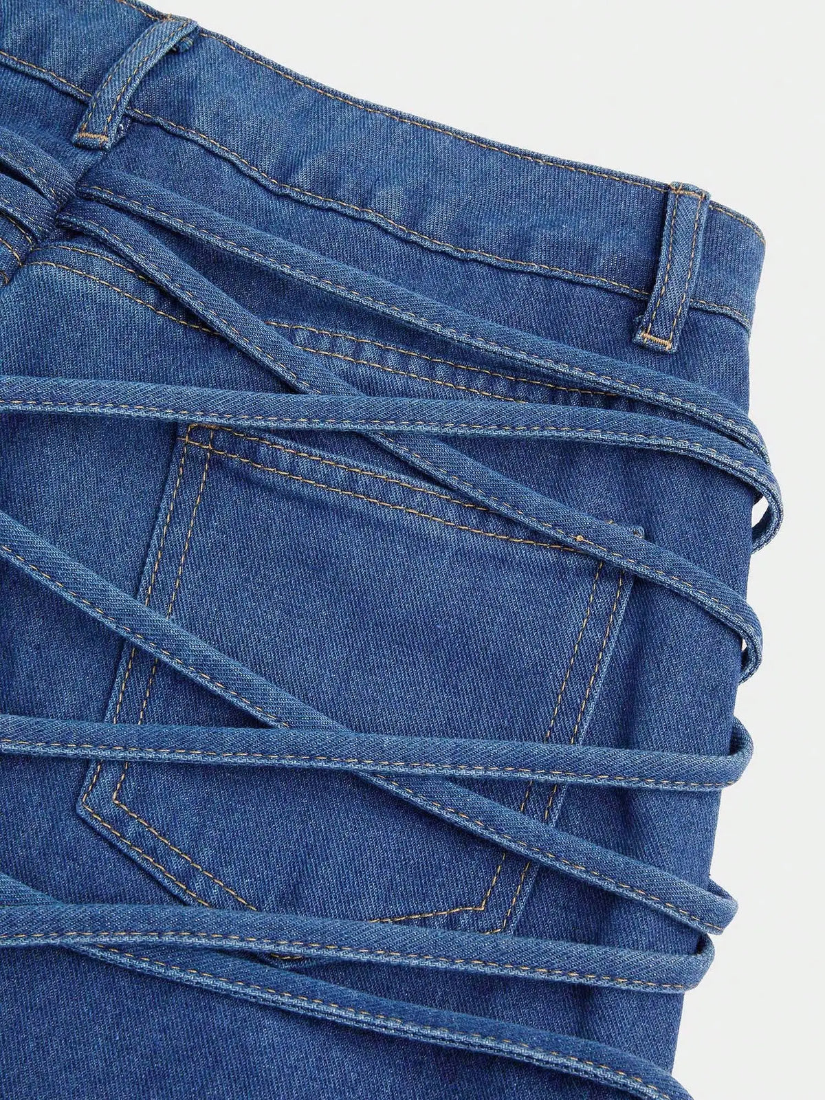 High Waisted Strappy Criss Cross Denim Jeans Medium Wash Stretch Straight Leg For Women