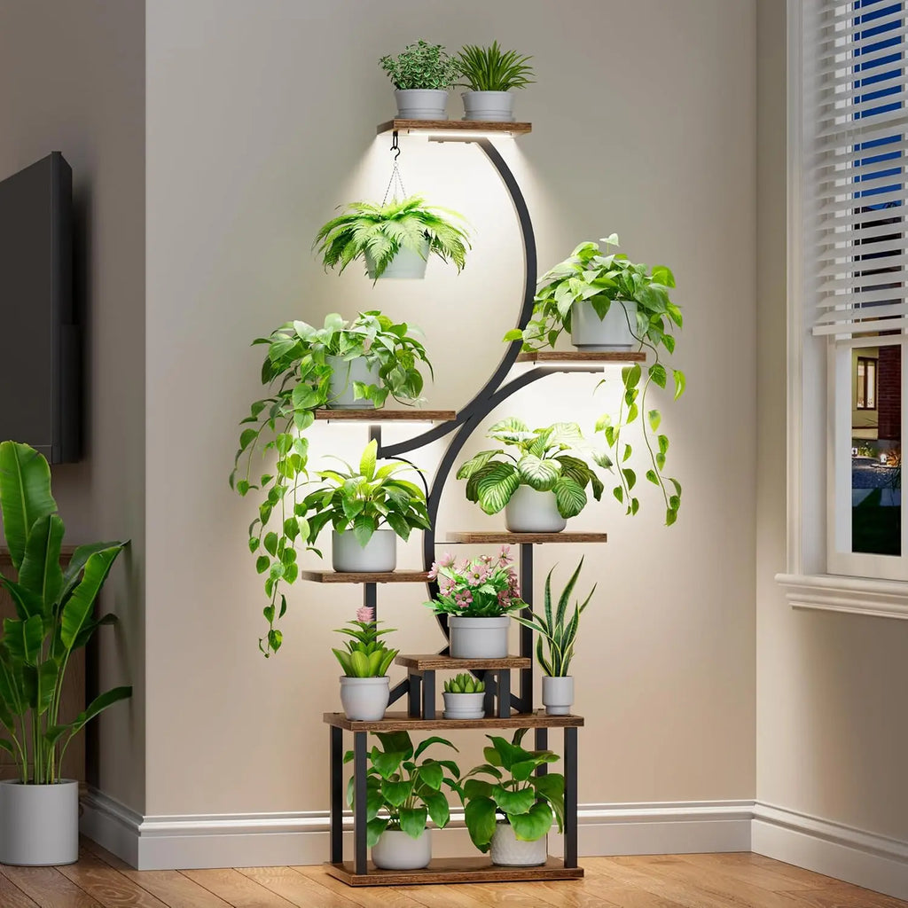 62" Tall Indoor Plant Stand with Grow Lights, 8-Tier S-Shaped Shelf for Living Room Decor, Brown