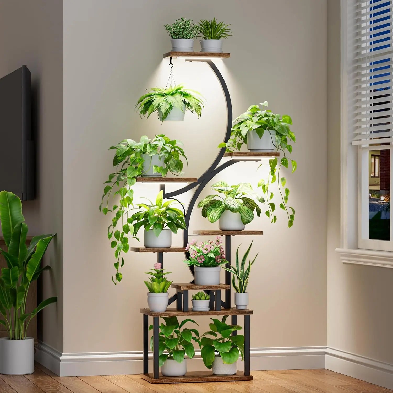 62" Tall Indoor Plant Stand with Grow Lights, 8-Tier S-Shaped Shelf for Living Room Decor, Brown