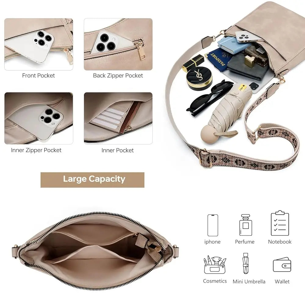 Hobo Crossbody Bag for Women, Vegan Leather Multipocket Shoulder Purse with 2 Adjustable Removable Straps