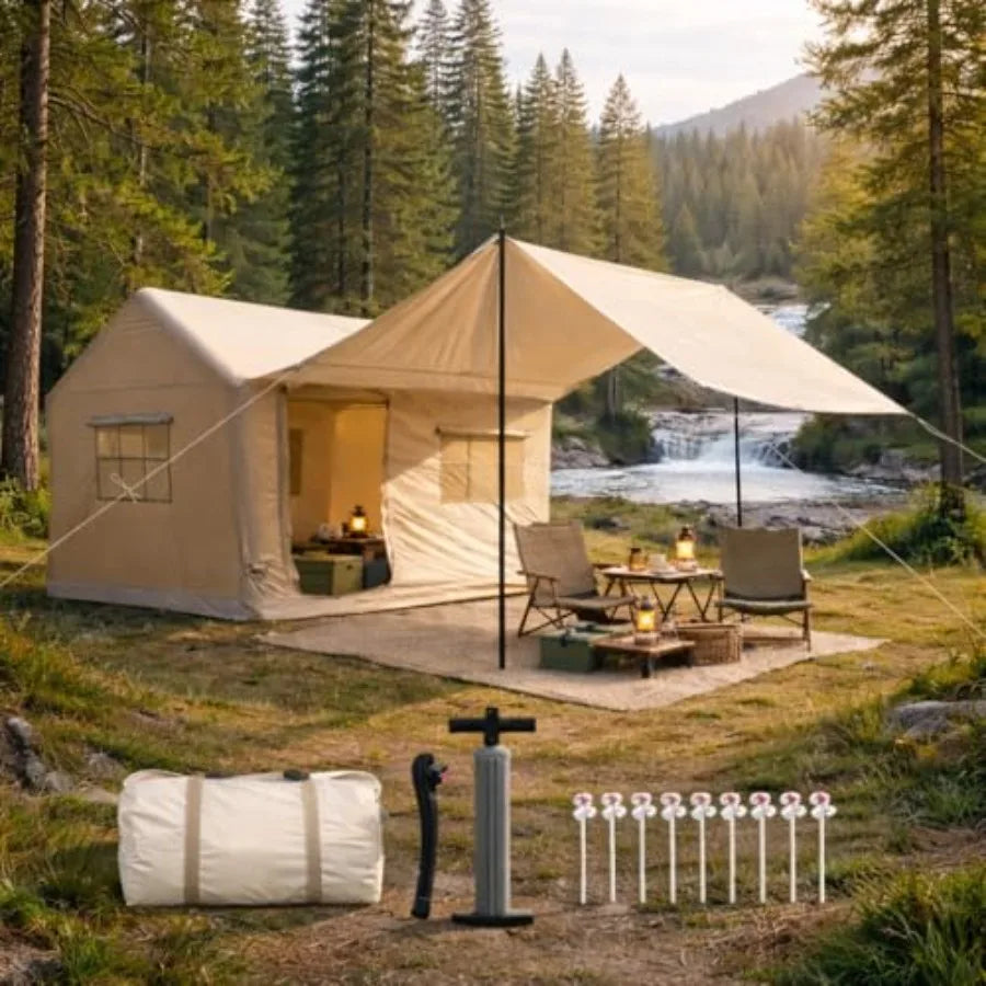 Luxury Glamping Inflatable Tent House for 6-8 Person 118x158 XL Awning 6.3 Extra Thick Air Beams Stronger Than 5 Heavy Duty Wat