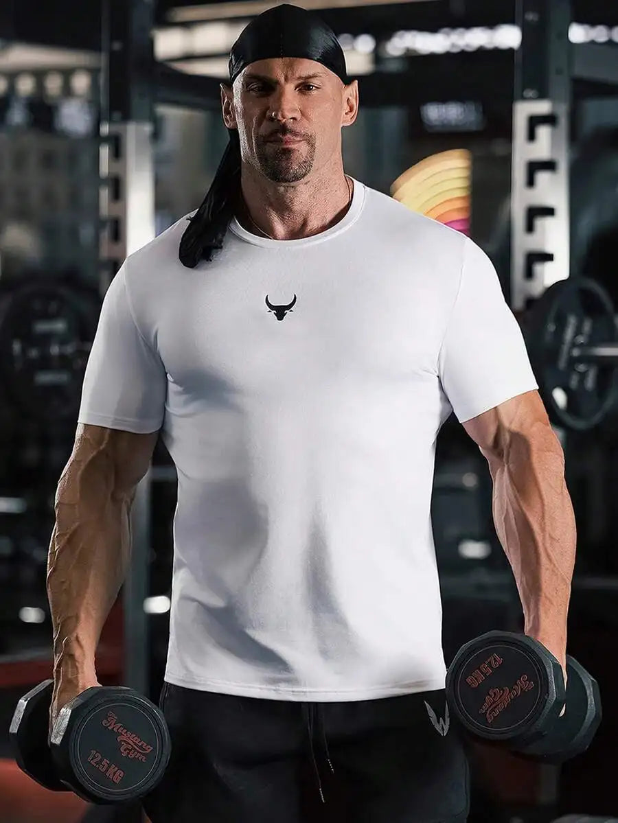 Men's White Crew Neck Short Sleeve T-Shirt with Bull Head Graphic Print, Breathable Fit for Gym & Casual Wear