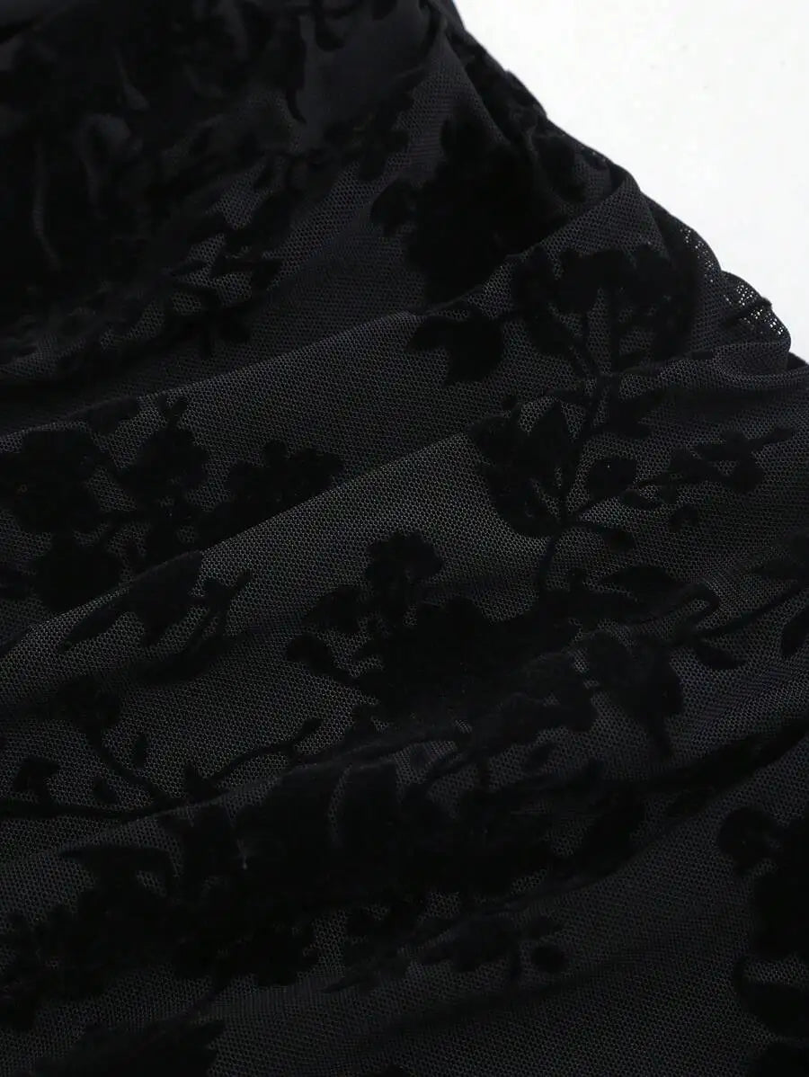 Black Velvet Floral Print Strapless Ruched Mini Dress for Women