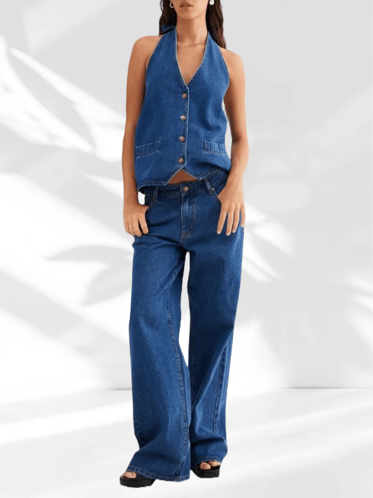 Women's Two Piece Denim Set Button Down Backless Tank Top And Wide Leg Jeans