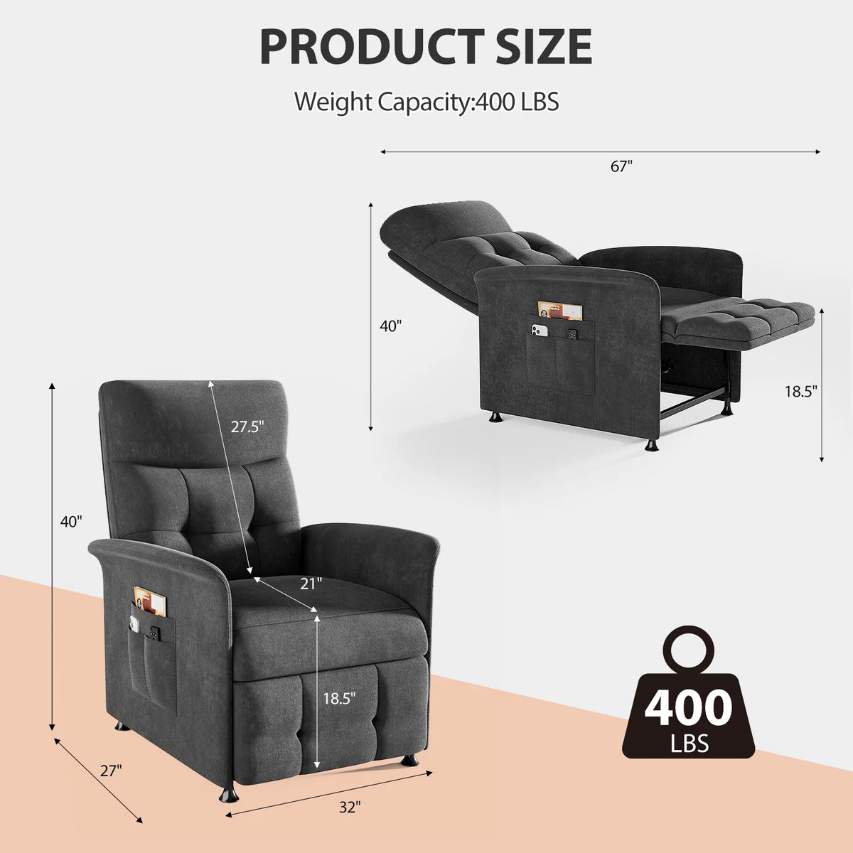 Power Recliner Chair with Heated and Massage, Adjustable Soft Fabric Reclining Chair for Adults, Theater Seating Single Sofa