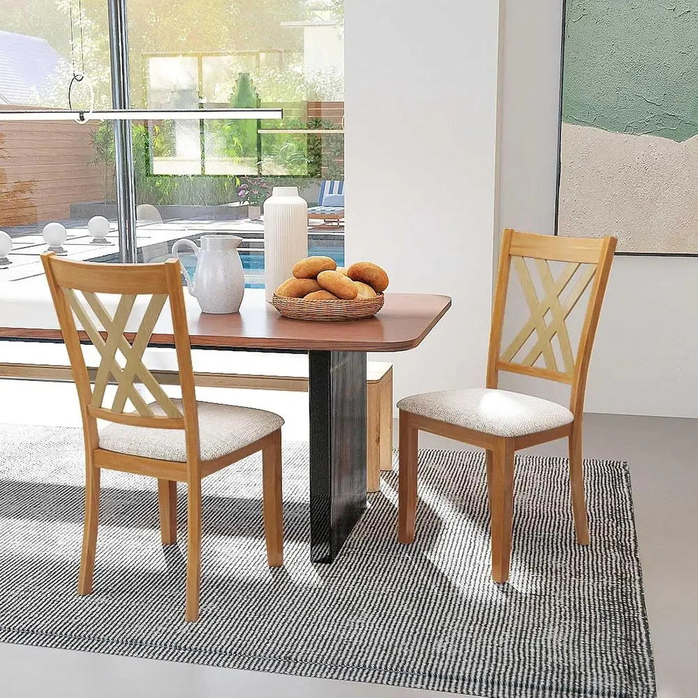 Set of 2 Wooden Dining Chairs with Fabric Padded Seats, High Back, Suitable for Home and Restaurant Use, Natural Finish