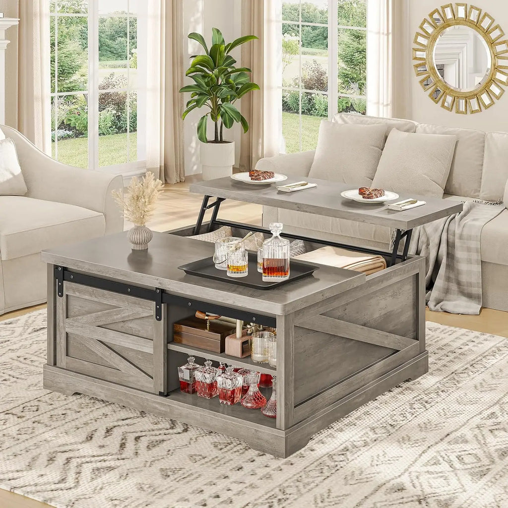 39.4in Lift Top Coffee Table Storage Hidden Compartment 2 Drawers Adjustable Shelf Living Room Gray Customized