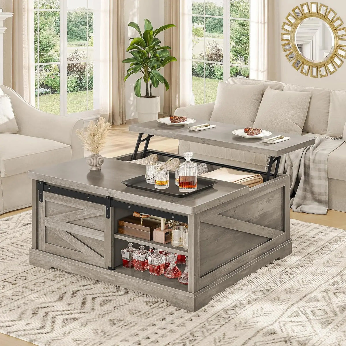39.4in Lift Top Coffee Table Storage Hidden Compartment 2 Drawers Adjustable Shelf Living Room Gray Customized