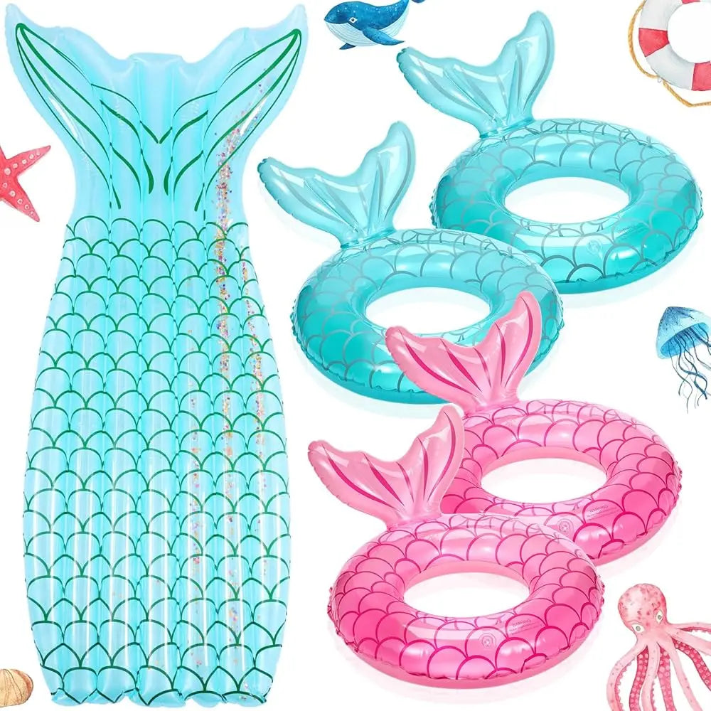 5 Pack Pool Floats Include 4 Pcs Mermaid Inflatable Pool Float Tube 1 Pcs Floatie Raft Mermaid Tail Swim Ring for Beach Water