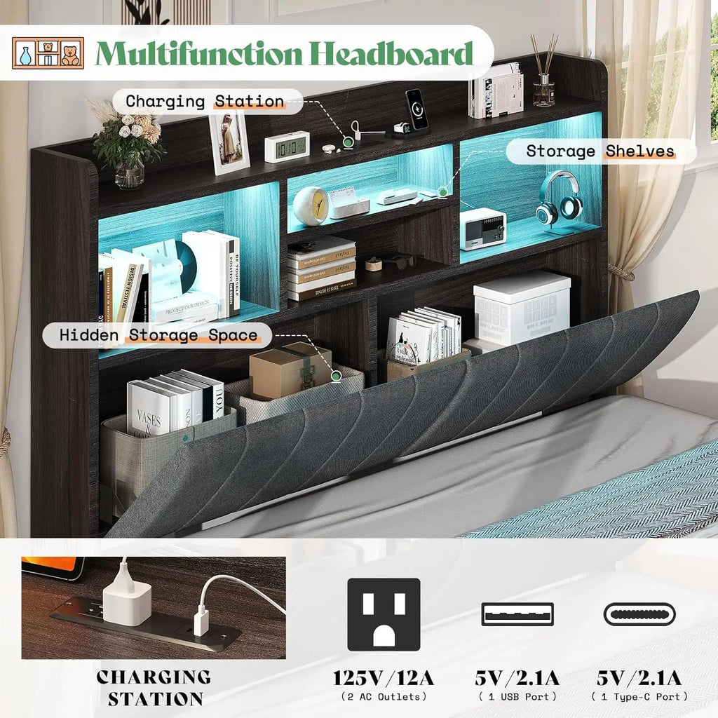 King Platform Bed Frame with Bookcase Headboard 51" Storage Drawers USB Charging Station Linen Upholstered Rustic Black, Customi