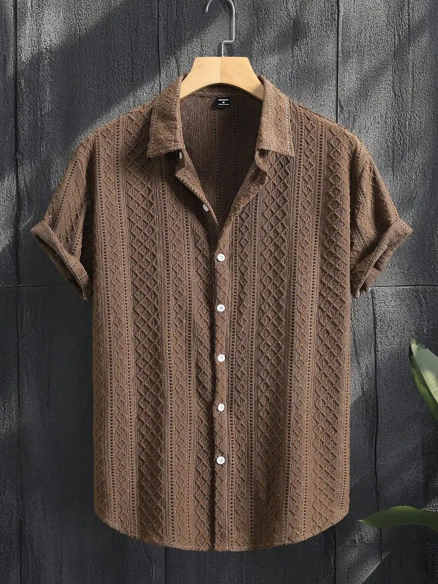 Men's Casual Short Sleeve Shirt with Textured Diamond Pattern, Lightweight Breathable Fabric for Summer Vacation