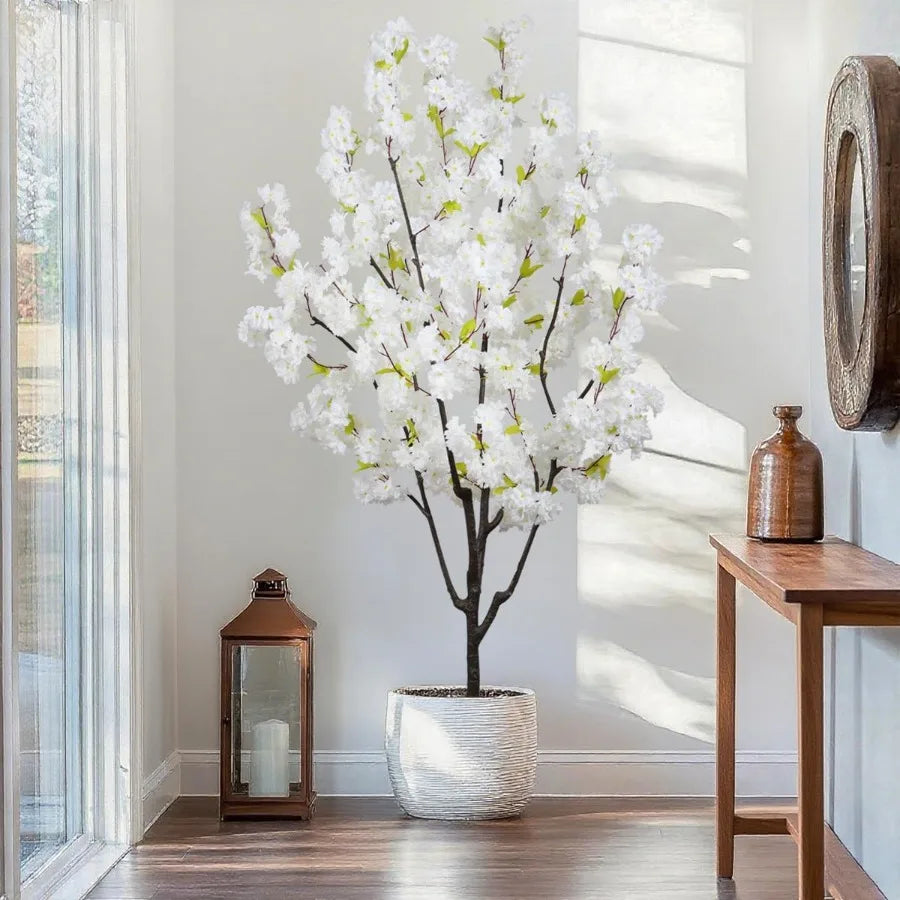 Indoor Cherry Blossoms Tree White Artificial Cherry Blossom Tree 6FT Faux Bedroom Trees for Home Decor Indoor Living Room Accen