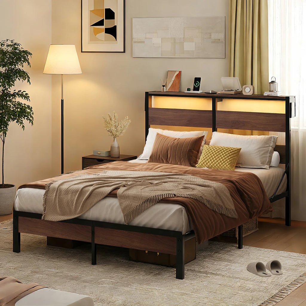 Queen Bed Frame with Headboard and Charging Station,Non-Slip Bed Frame with LED Light,Noise-Free,Easy Assembly,Walnut