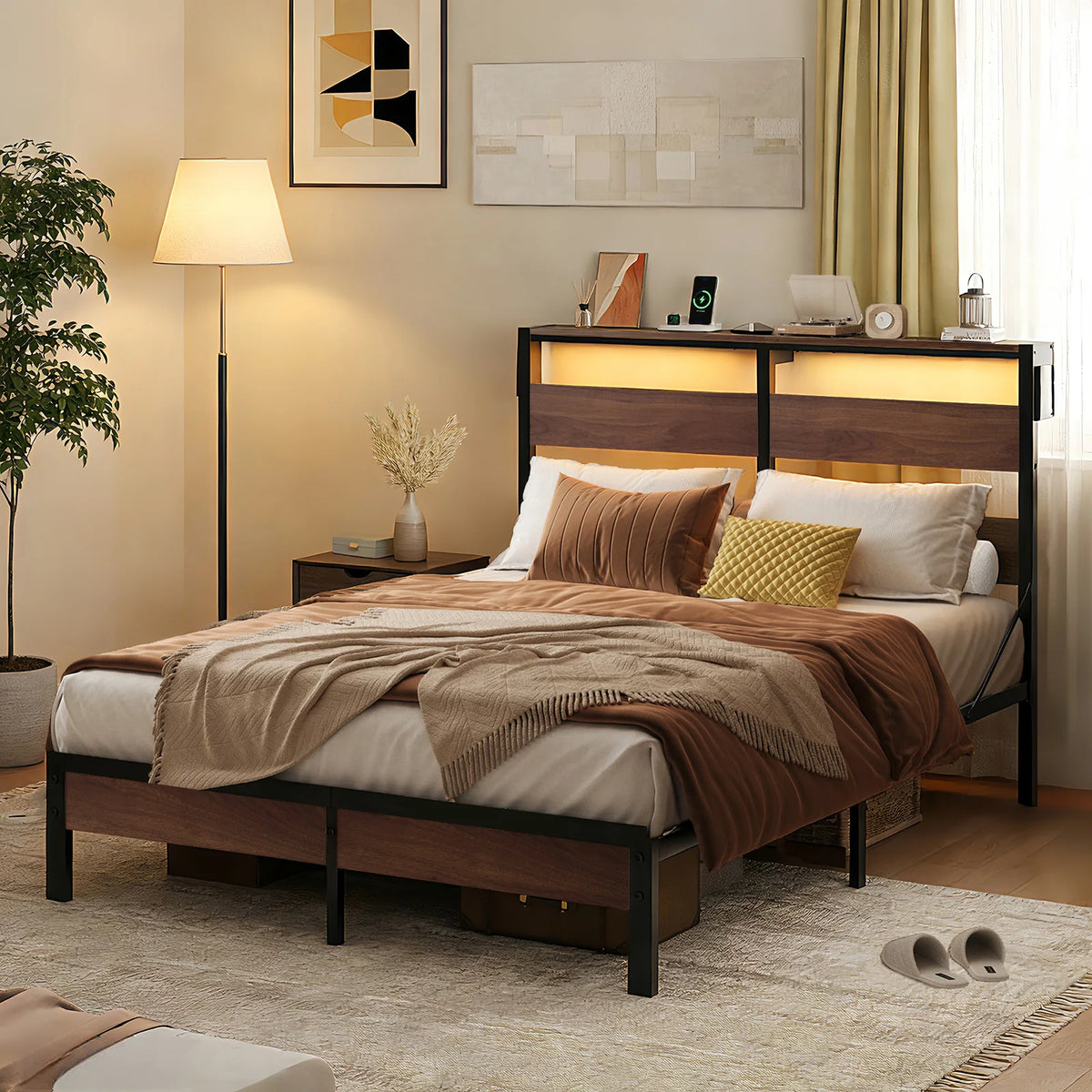 Queen Bed Frame with Headboard and Charging Station,Non-Slip Bed Frame with LED Light,Noise-Free,Easy Assembly,Walnut
