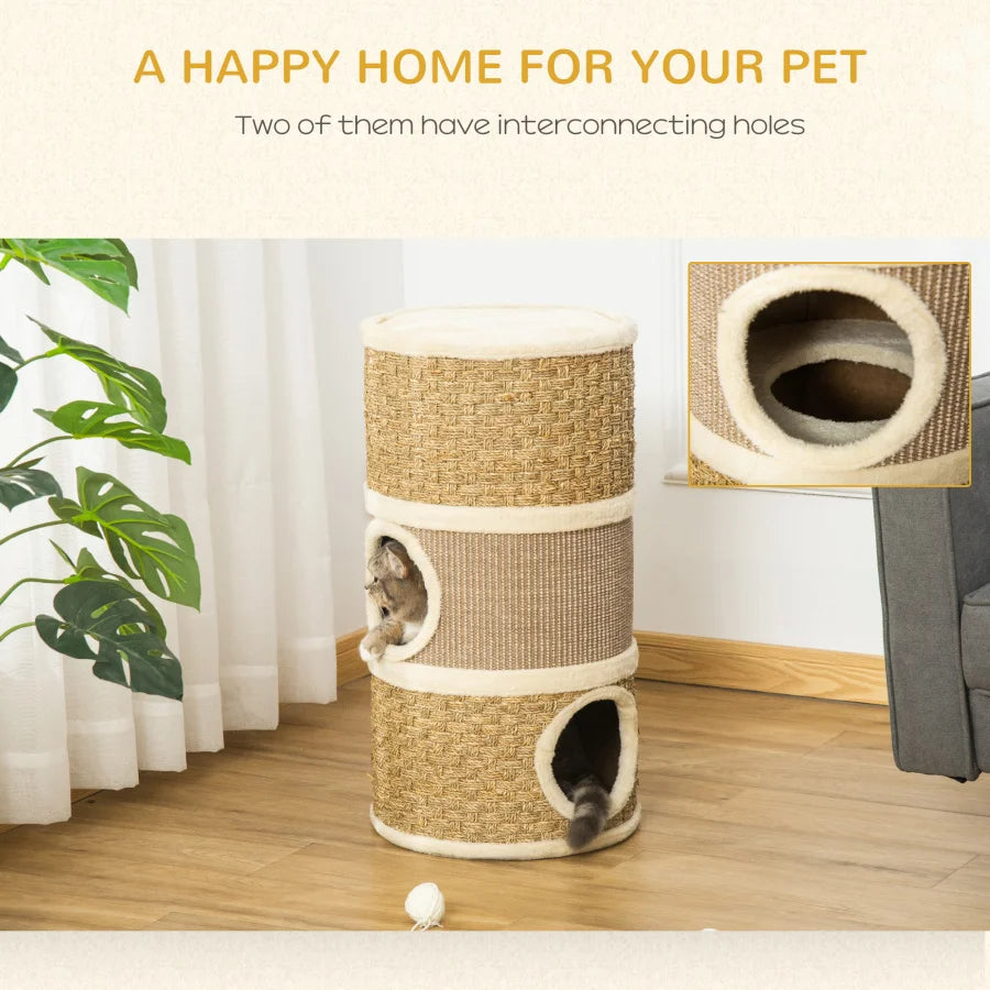 PawHut 28 Inch Cat Condo 3 Story Cat Hideaway with Sisal Scratching Pad Barrel Shaped Small Cat Tree for Indoor Cats Khaki and