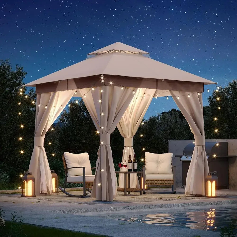 8'x8' Outdoor Heavy-Duty Gazebo with Double Roof, Mosquito Netting, Privacy Screen, Ideal for Backyard, Garden, Lawn - Khaki