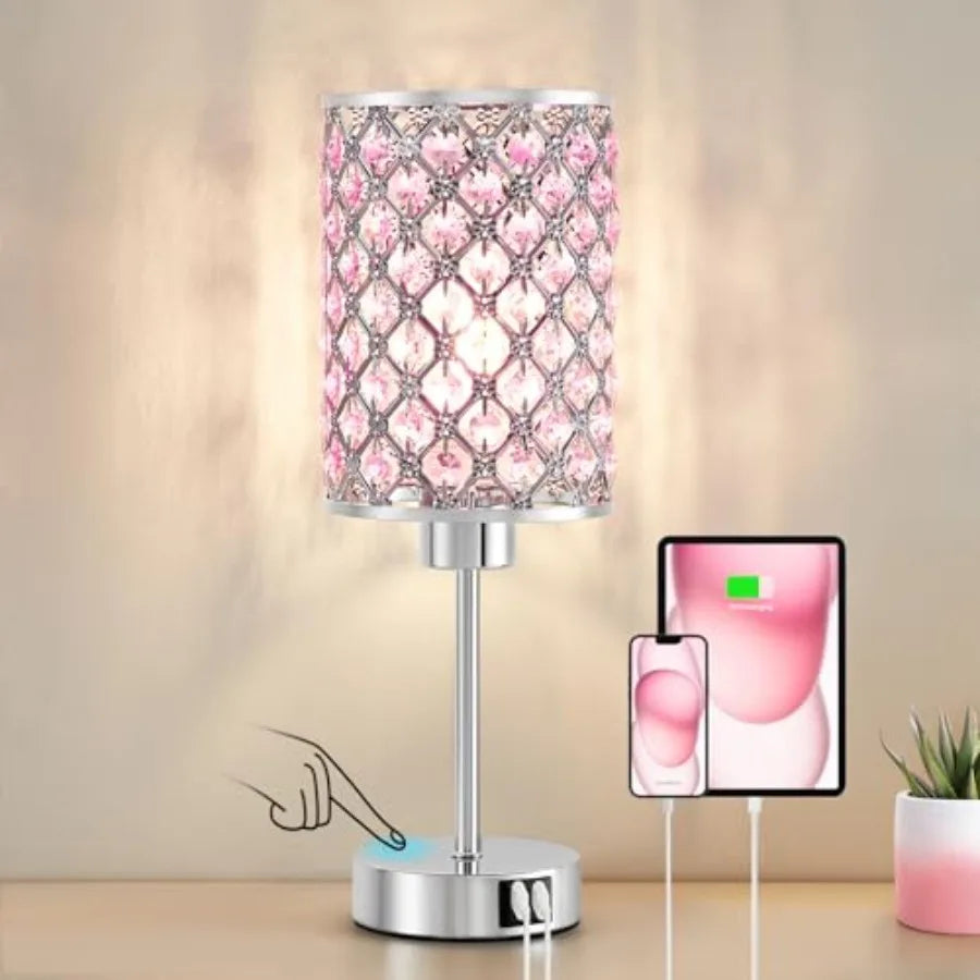Crystal Table Lamp Touch Lamp with USB C+A Ports Dimmable Lamp with Crystal Shade Bedside Lamp Small Lamp for Girl Bedroom Livi