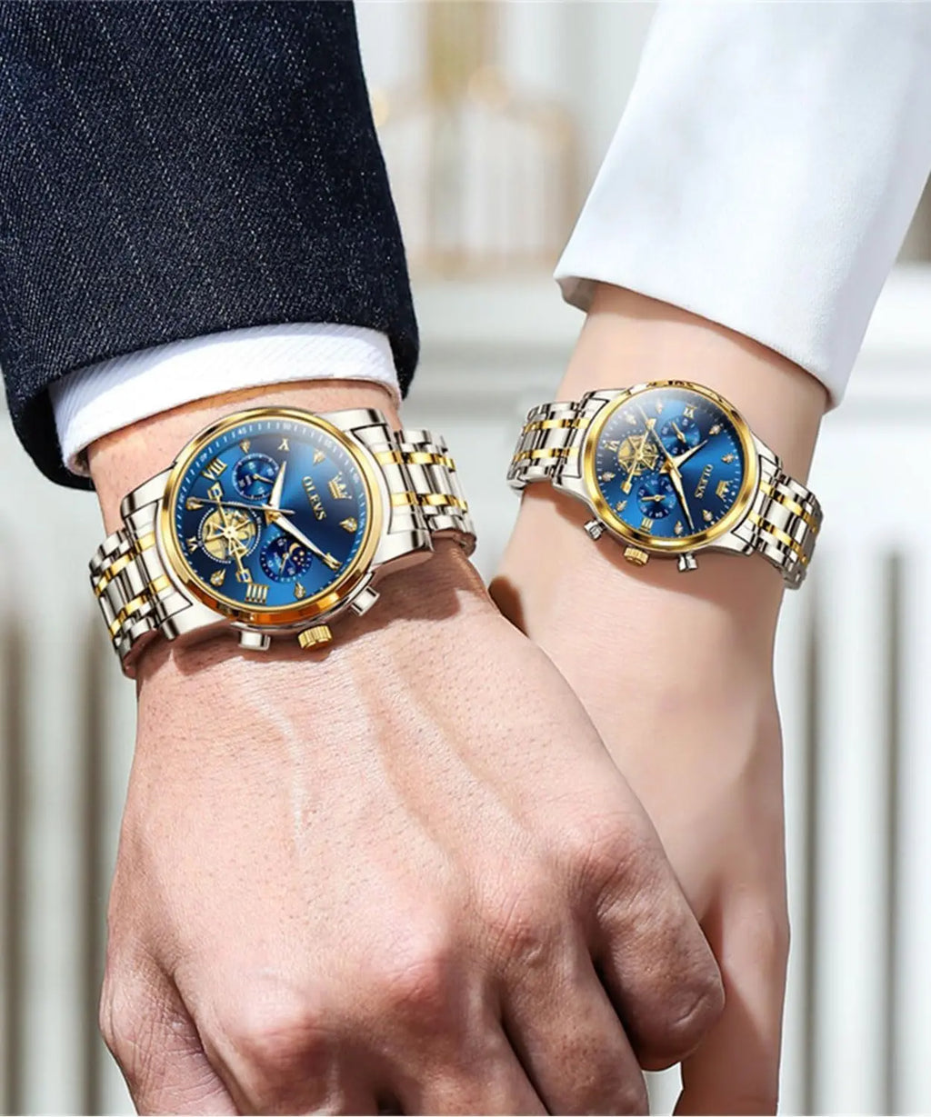 His and Her Matching Couple Watch Set with Diamond Accents, Romantic Valentine's Day Gift for Men and Women