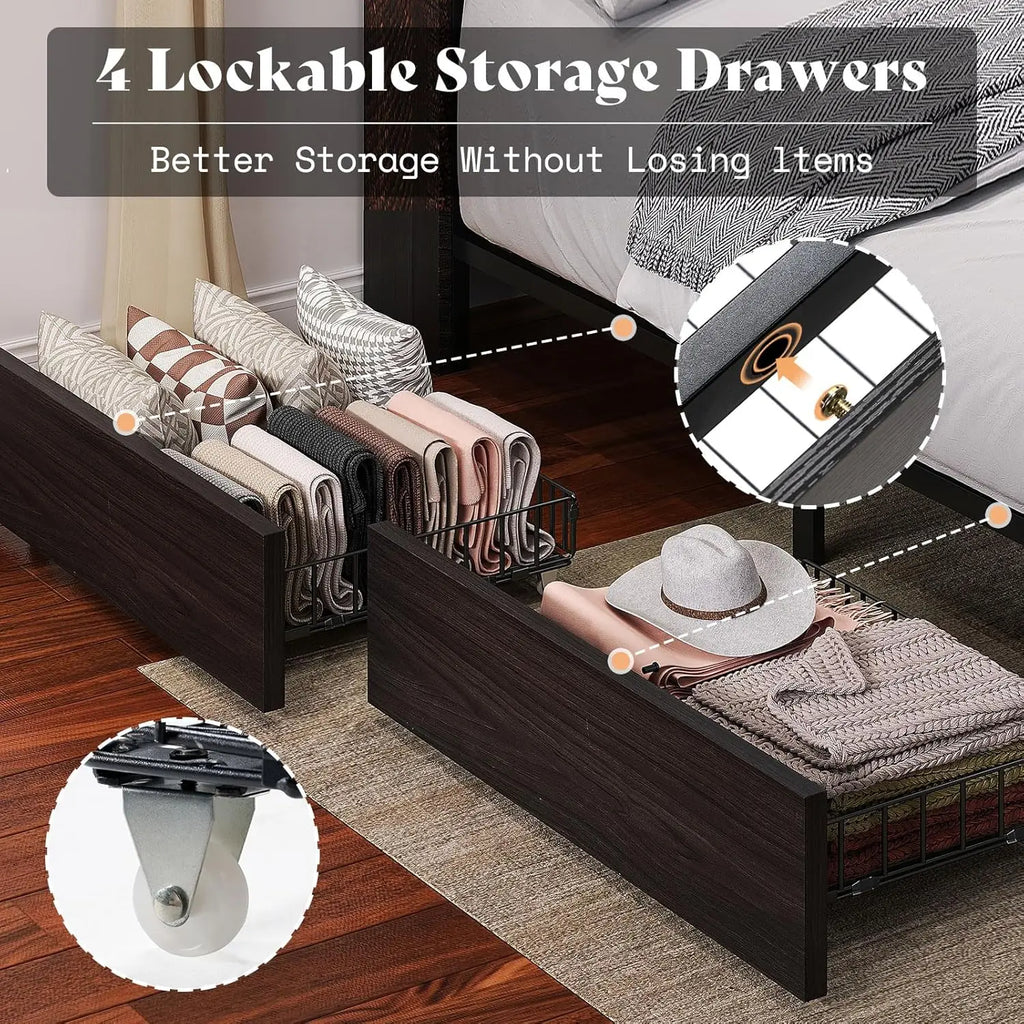 King Platform Bed Frame with Bookcase Headboard 51" Storage Drawers USB Charging Station Linen Upholstered Rustic Black, Customi