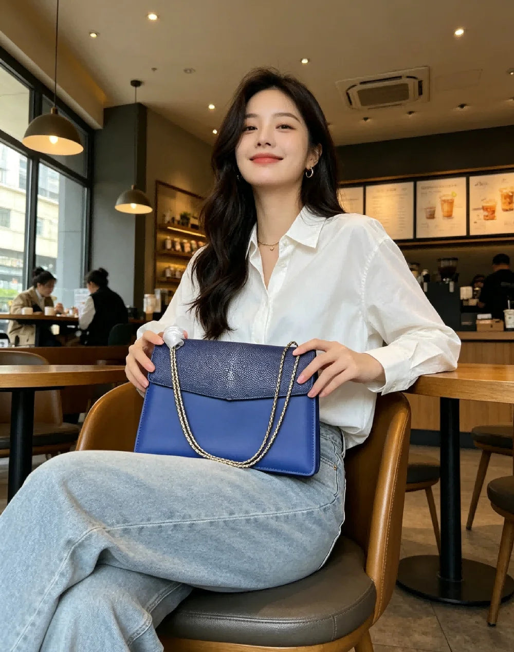Luxury Blue Colorblock Leather Shoulder Bag for Women Elegant Flap Crossbody Handbag with Gold Chain for Party and Office