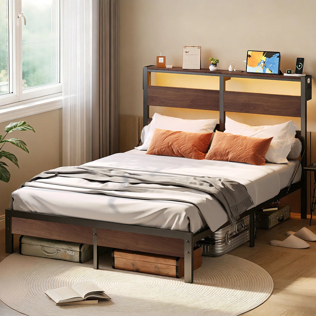 Queen Bed Frame with Headboard and Charging Station,Non-Slip Bed Frame with LED Light,Noise-Free,Easy Assembly,Walnut
