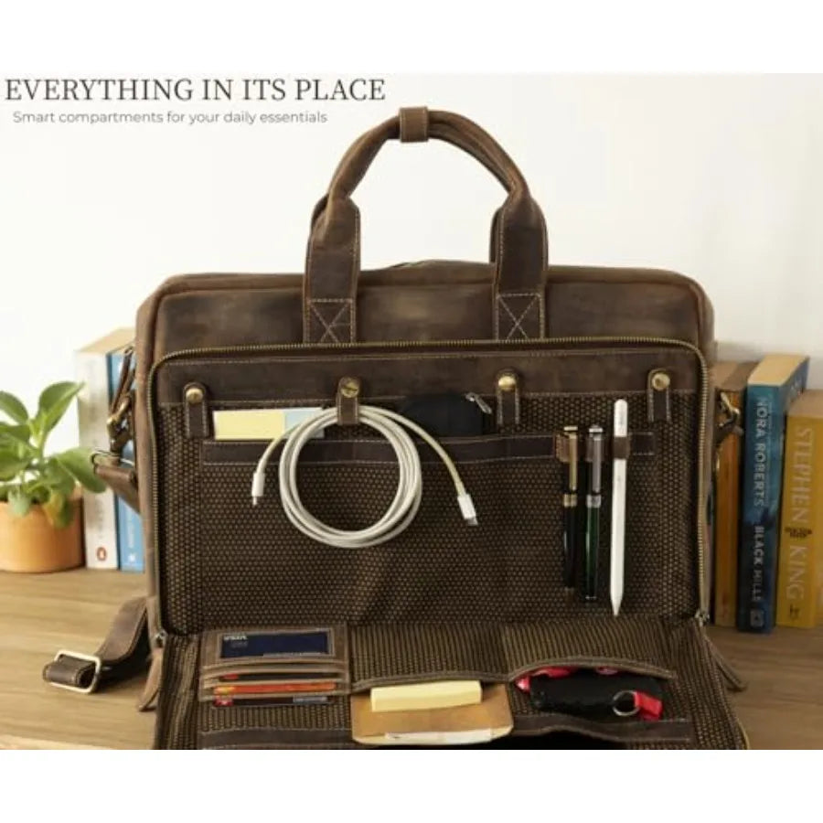 Leather Messenger Bag for Men - Laptop Case Office Briefcase Computer Satchel for Laptops in Brown with Premium Leather Materia