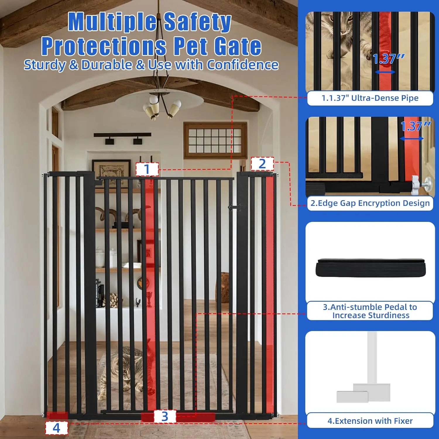55" Adjustable Pet Gate for Cats and Dogs, Pressure Mounted Tall Gate for Doorways, Hallway, Stairs in Black