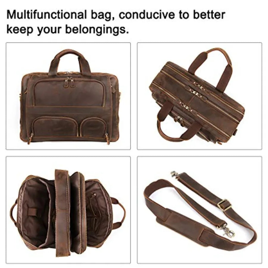 Augus Business Travel Briefcase Genuine Leather Duffel Bags for Men Laptop Bag fits 15.6 inches Laptop Black Premium Quality Du