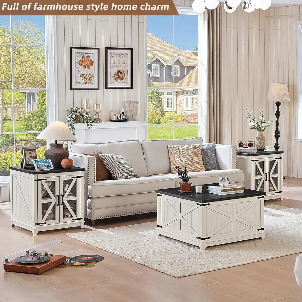 armhouse Coee Table Sets 3 Pieces, Large End Side Tables with Charging Station and Coee Table with Hidden Storage Comparent, Whi