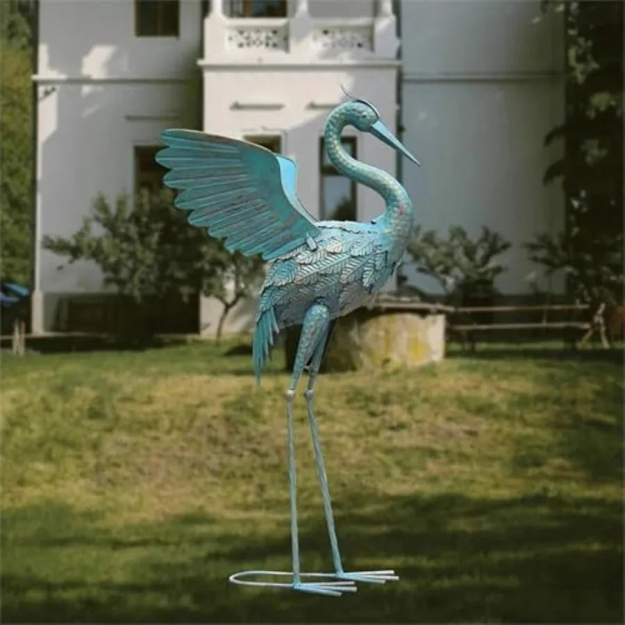Modern Blue Metal Crane Garden Sculpture 33.37 in Height Weather-Resistant Finish Artistic Handcrafted Design Elegant Home or O