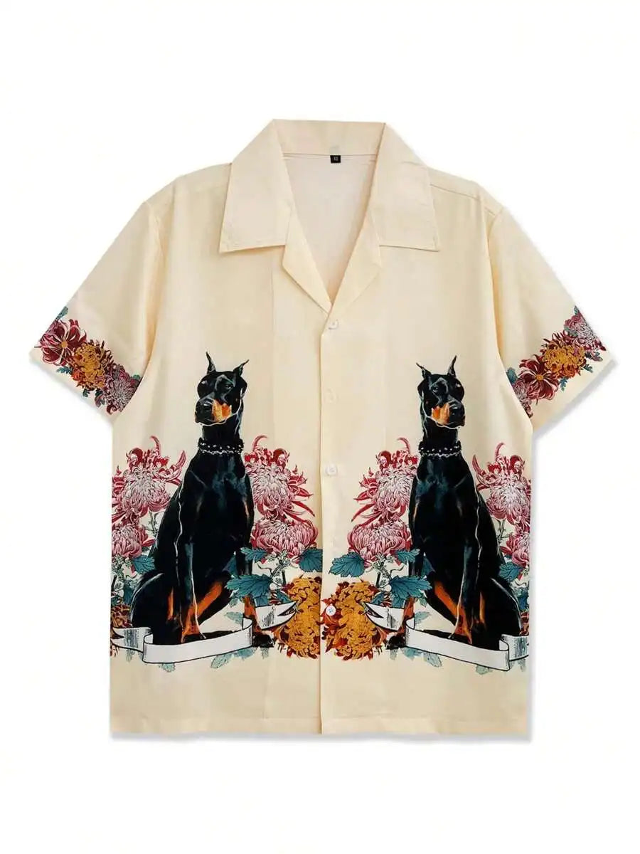 Men's Short Sleeve Casual Shirt with Floral & Canine Print, Beach Style