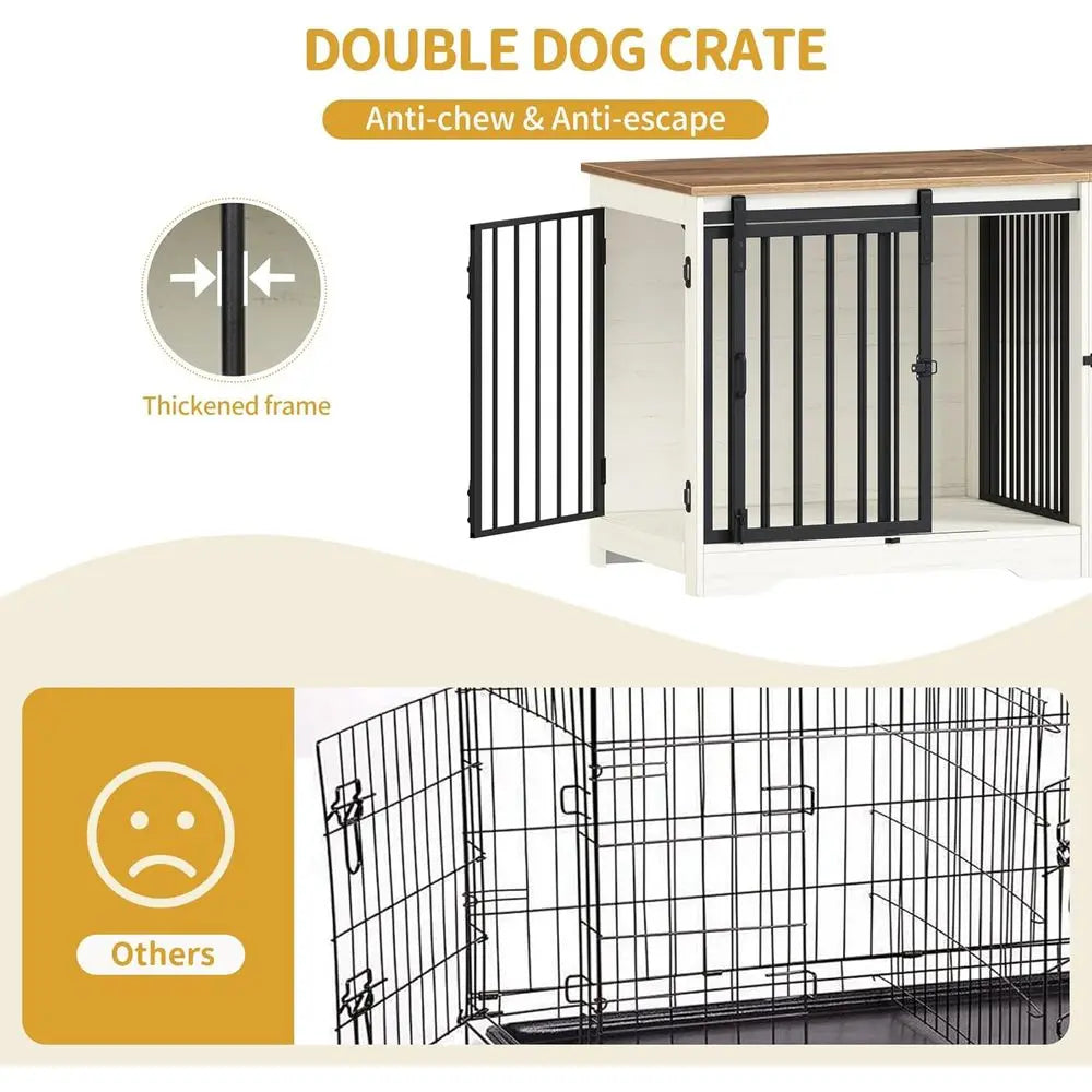 Heavy Duty Wooden Double Dog Cage with Divider, Large Pet Kennel, Barn Door, Suitable for Medium to Small Dogs, White/Brown