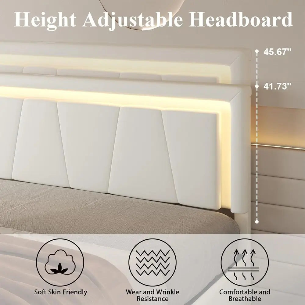 King Size Bed with 4 Storage Drawers, Charging Station, LED Light, Adjustable Headboard, Noise-Free, No Box Spring Needed, Easy