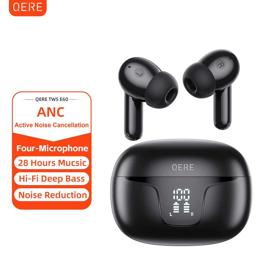 QERE E60 Fones De Ouvido Sem Fio, TWS Bluetooth 5.3, Microfone HD, Fones De Ouvido HIFI, 13mm Driver,60ms Baixa Latência, 4 Micr