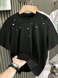 Men's Black Short Sleeve T-Shirt with Sparkling Rhinestone Dot Pattern, Casual Loose Fit