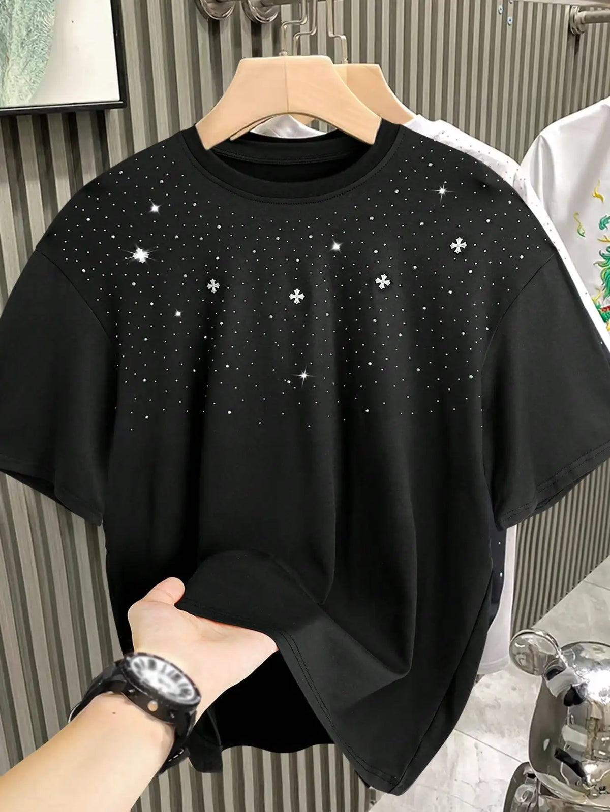 Men's Black Short Sleeve T-Shirt with Sparkling Rhinestone Dot Pattern, Casual Loose Fit