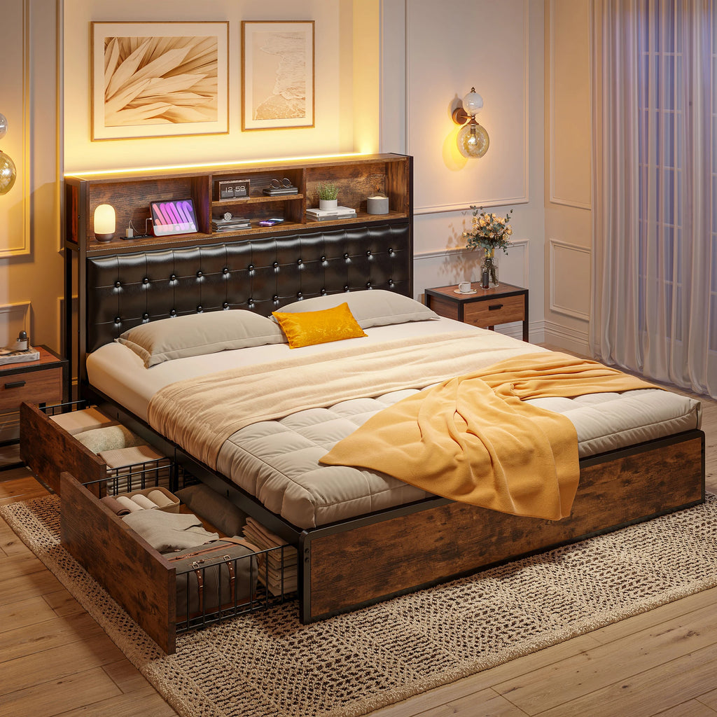 Full/Queen/King Bed Frame with Charging Station and 4 Storage Drawers Platform Bed Frame with Upholstered Headboard No Noise