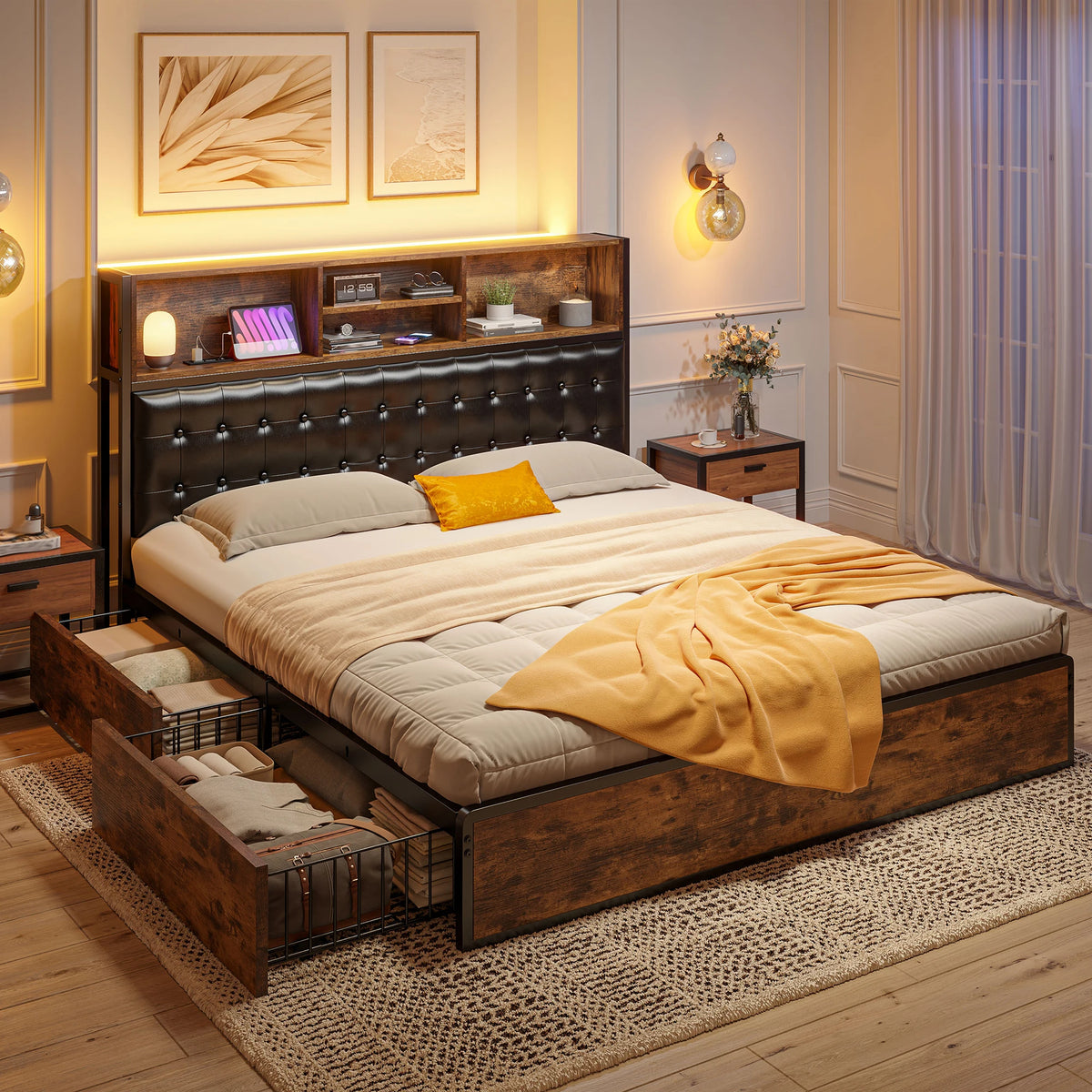 Full/Queen/King Bed Frame with Charging Station and 4 Storage Drawers Platform Bed Frame with Upholstered Headboard No Noise