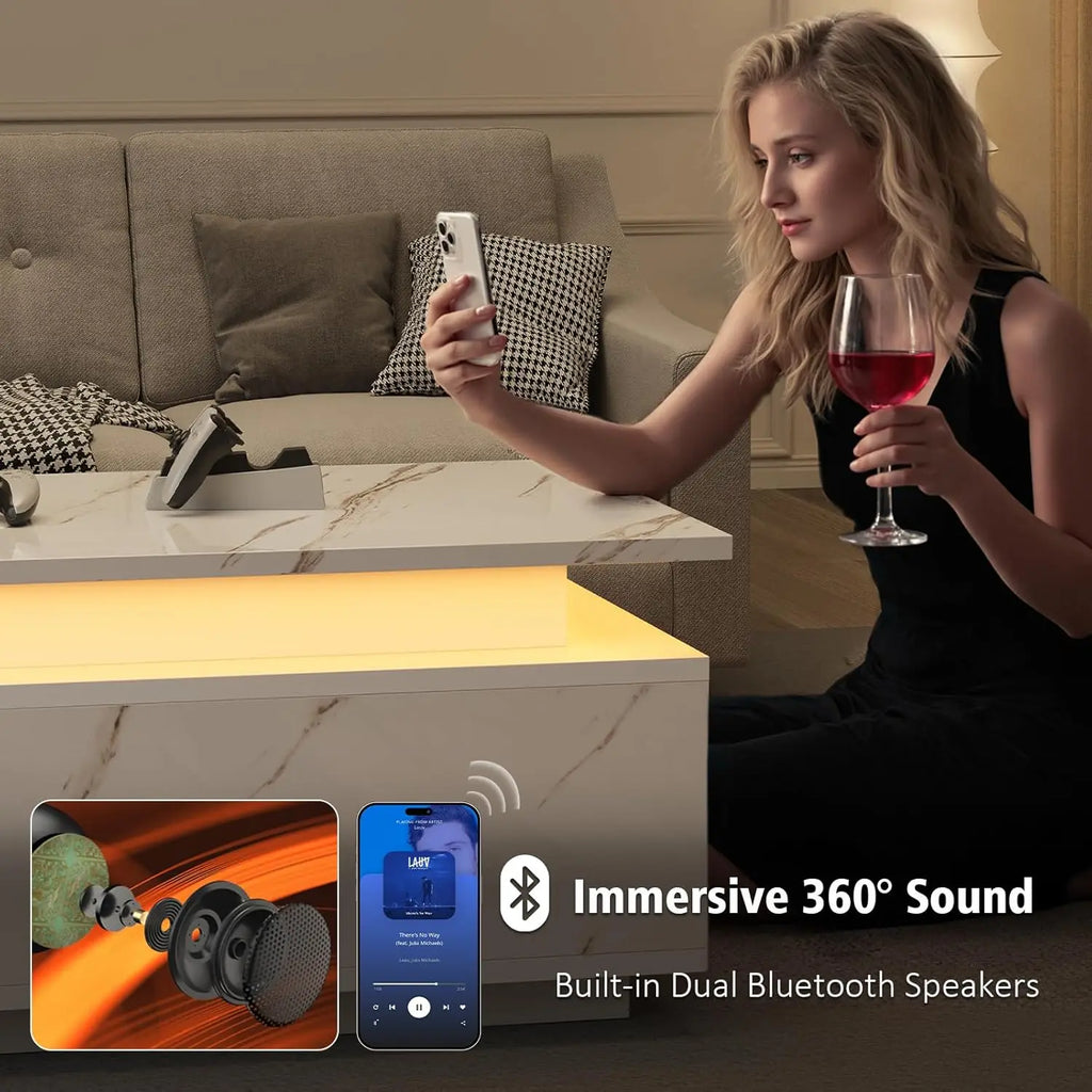 LED Coffee Table with Wireless Charging & Bluetooth Speaker, White Marble Smart Center Table with Storage