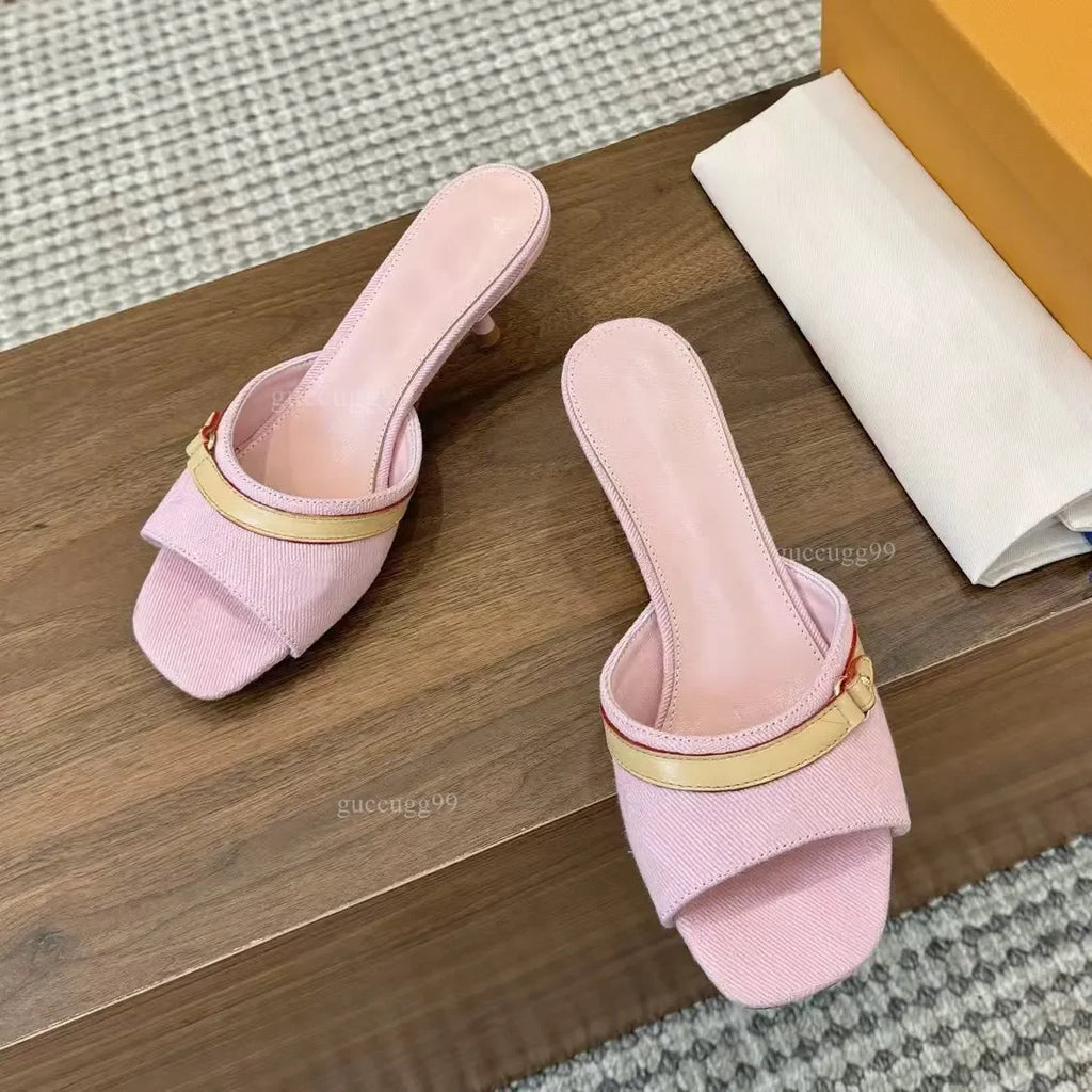 designer womens pink denim 3cm 6cm mules Signature Leather outsole models stiletto heel feminine style casual mule sandals