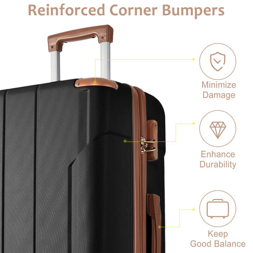 3pcs ABS Hard Shell Luggage Set 20/24/28 Inch Lightweight Durable Suitcase Double 360° Spinner Wheels Travel Trolley in Black