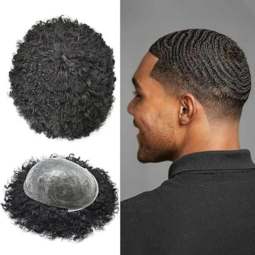 【TIMIA】Men's Wig 8x10 Human Hair 0.1 Toupee 6mm wave Full PU Afro Wig for Black Men Suitable for American Men #1B Nuture Black