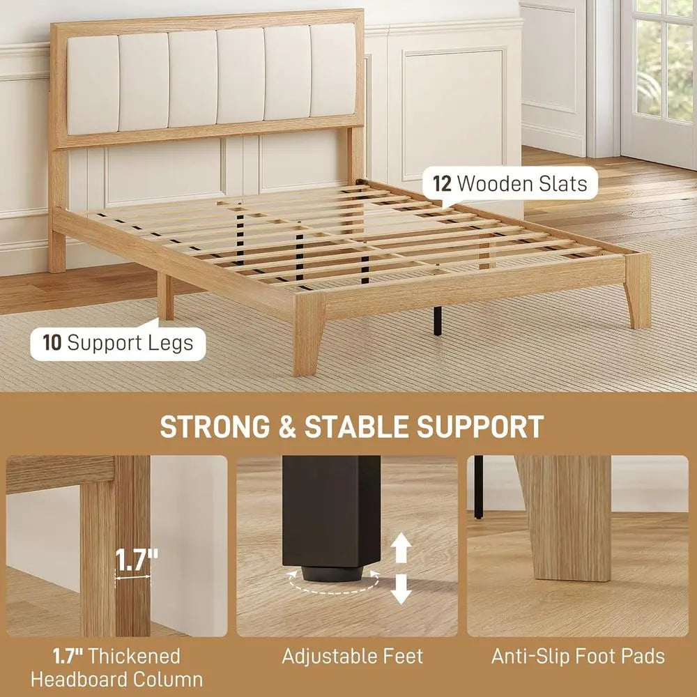 Full Size Upholstered Headboard Platform Bed with Wooden Slats - No Box Spring Required, Easy Assembly, Natural Style